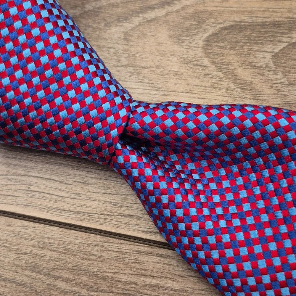 TED BAKER London‎ Metallic Red Blue Woven Textured Plaid Pattern Silk Mens Tie